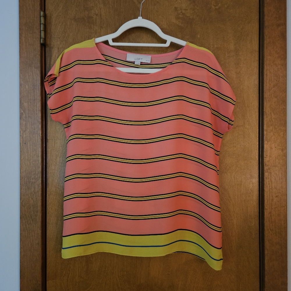LOFT Petite Pink,Yellow, Navy Striped Short Dolman Sleeve Blouse